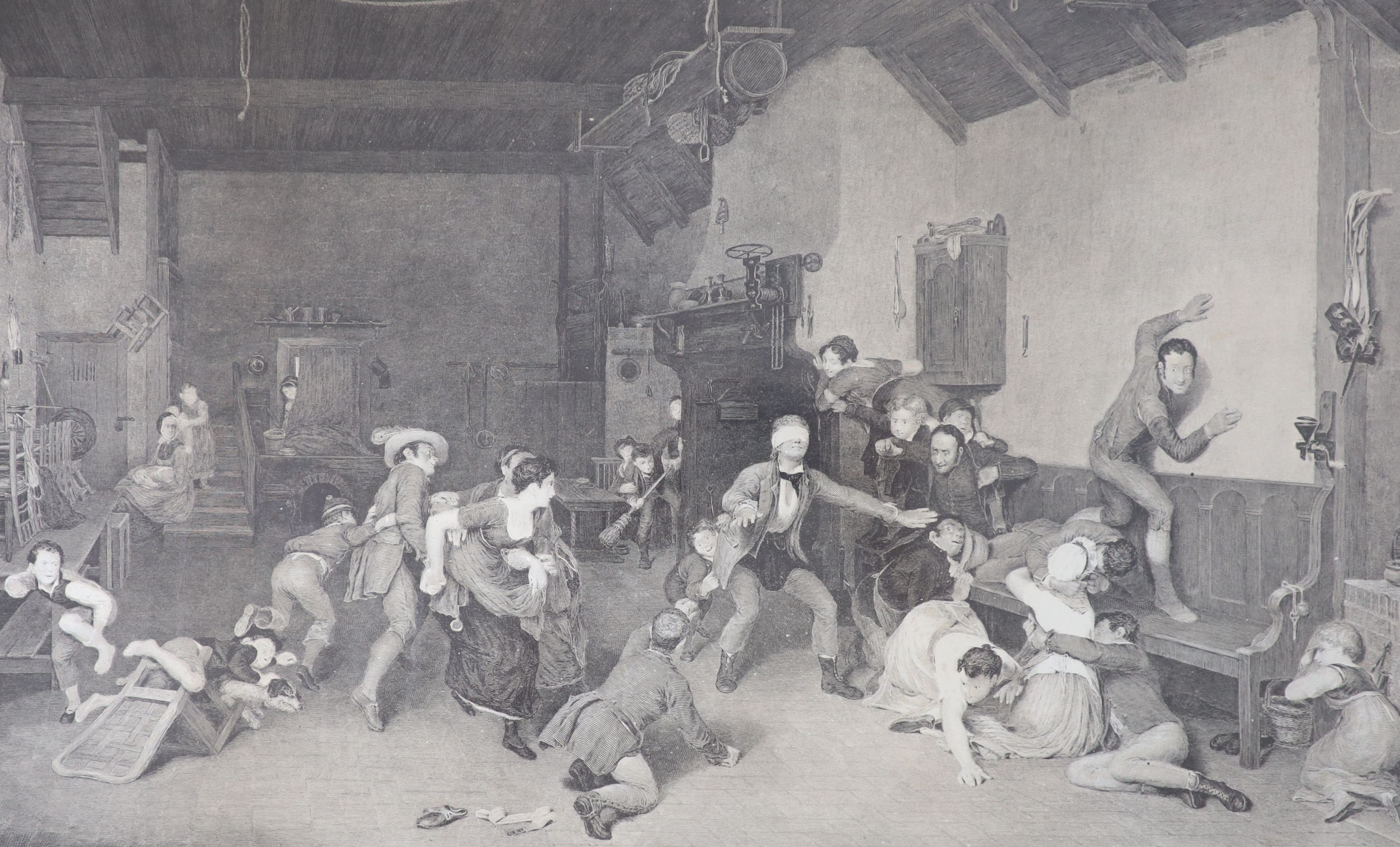 After Raimbach, engraving, 'Blind Man's Buff', 37 x 60cm, maple framed, and a later framed lithograph 'In Arcadia'', 52 x 74cm